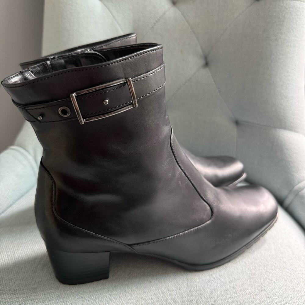 Ara Black Zip Ankle Bootie Square Toes Block Heel Side Zip Women's 6.5 - Picture 4 of 12